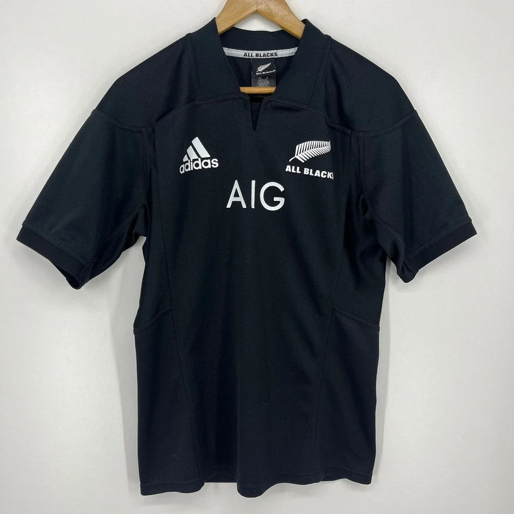 Adidas Mens All Blacks New Zealand Rugby Jersey Black AIG Silver Fern Size M